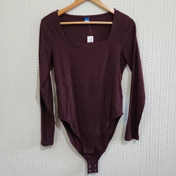 Old Navy Tops - Old Navy Brown Ribbed Square Neck Long Sleeve Body Suit Women's Size Large